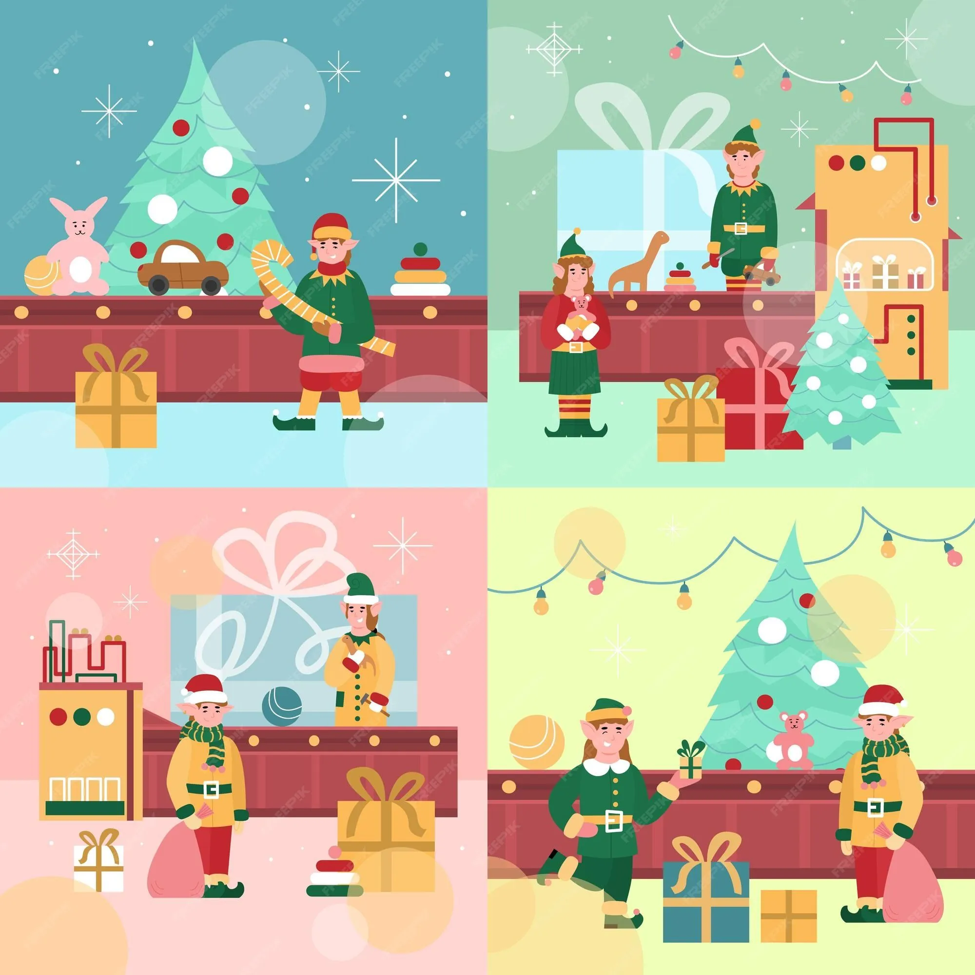 Conjunto, de, navidad, carteles, con, santas, juguetes, fábrica,  caricatura, vector, ilustración | Vector Premium