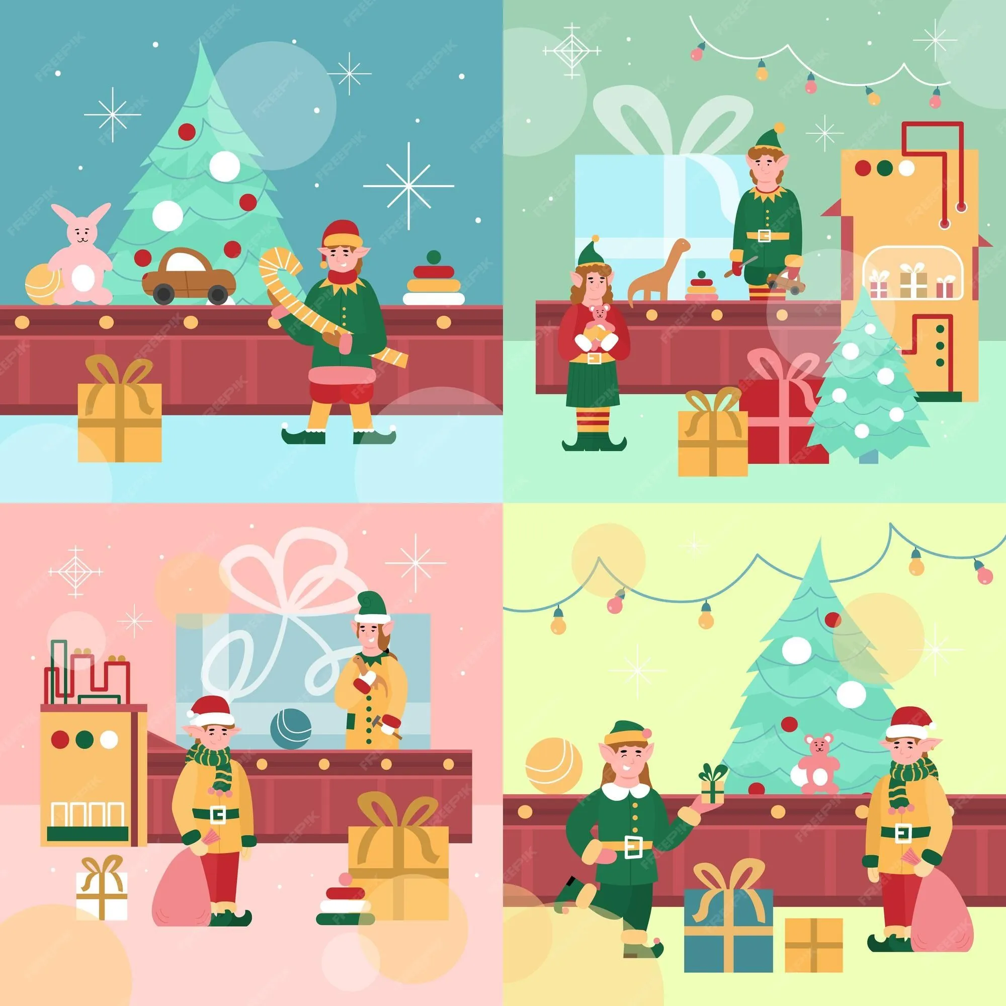 Conjunto, de, navidad, carteles, con, santas, juguetes, fábrica, caricatura, vector, ilustración | Vector Premium Conjunto, de, navidad, carteles, con, santas, juguetes, fábrica, caricatura, vector, ilustración | Vector Premium