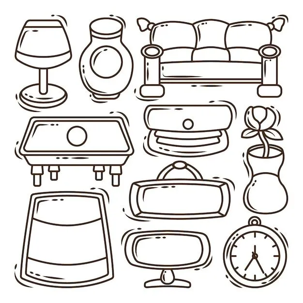Conjunto de dibujados a mano kawaii sala de estar dibujos animados doodle paquete para colorear | Vector Premium Conjunto de dibujados a mano kawaii sala de estar dibujos animados doodle paquete para colorear | Vector Premium