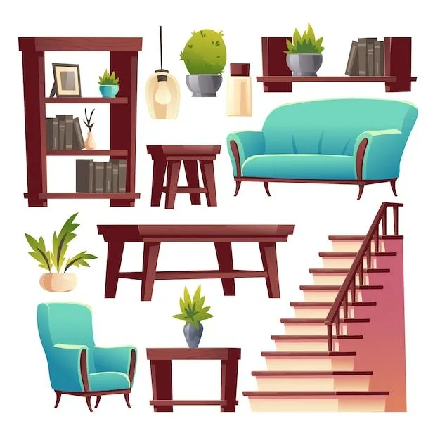 Conjunto de dibujos animados de muebles de interior de casa en sala de estar | Vector Premium Conjunto de dibujos animados de muebles de interior de casa en sala de estar | Vector Premium