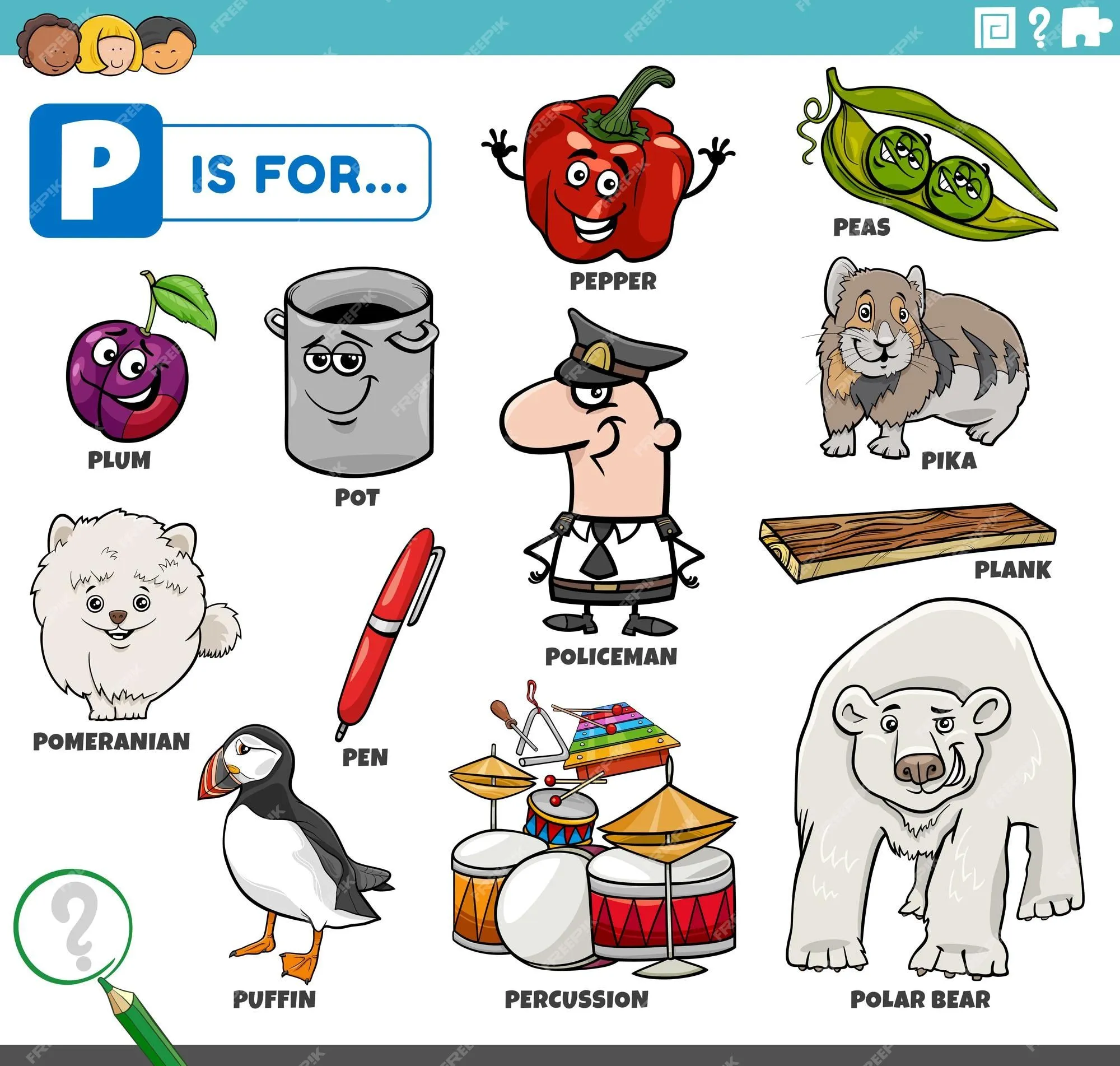 Conjunto educativo de palabras de letra p con personajes de dibujos animados | Vector Premium Conjunto educativo de palabras de letra p con personajes de dibujos animados | Vector Premium