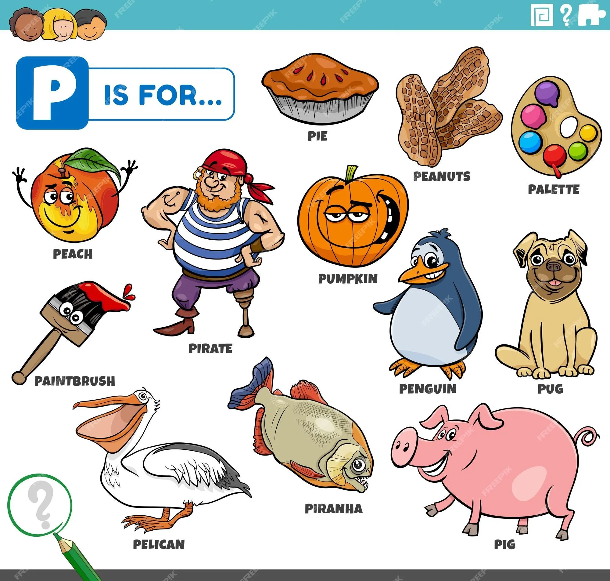 Conjunto educativo de palabras de letra p con personajes de dibujos animados | Vector Premium Conjunto educativo de palabras de letra p con personajes de dibujos animados | Vector Premium