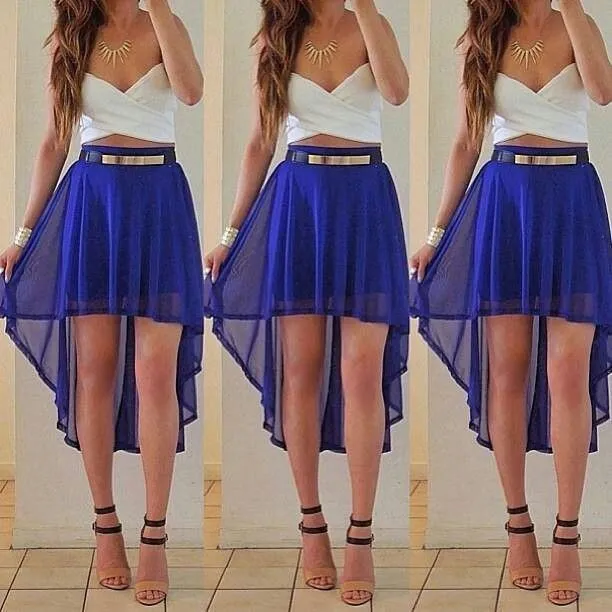 conjunto de falda cola de pato color azul rey, y blusa corta color ...