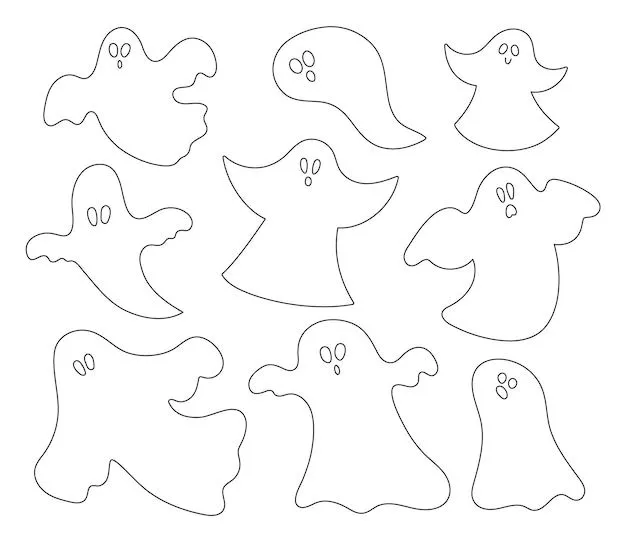 Conjunto de fantasmas en blanco y negro vectorial ilustración de la fiesta de halloween o página para colorear con fantasmas divertidos diseño aterrador para la fiesta de samhain de otoño colección de Conjunto de fantasmas en blanco y negro vectorial ilustración de la fiesta de halloween o página para colorear con fantasmas divertidos diseño aterrador para la fiesta de samhain de otoño colección de