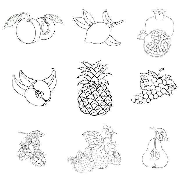 Conjunto de frutas y verduras para colorear página | Vector Premium