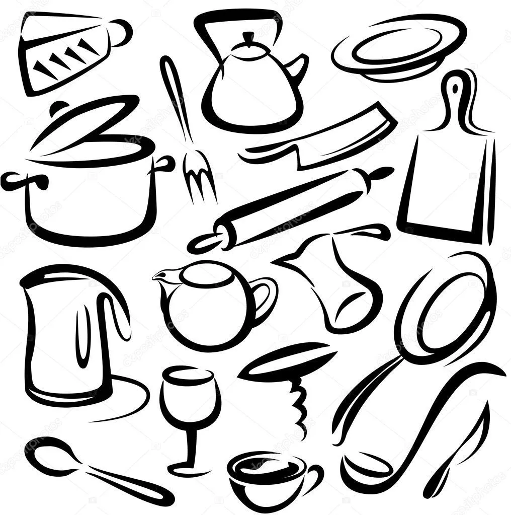gran conjunto de herramientas de la cocina, dibujo vectorial ...