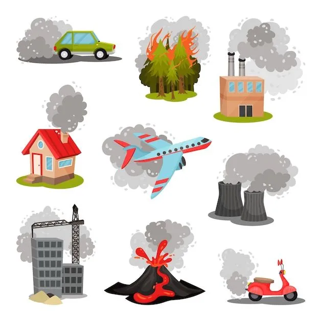 Conjunto de imágenes de fuentes de contaminación del aire. | Vector Premium