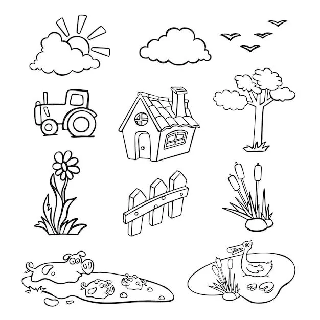 Conjunto de libro de colorear de granja de contorno de dibujos animados para niños | Vector Premium Conjunto de libro de colorear de granja de contorno de dibujos animados para niños | Vector Premium