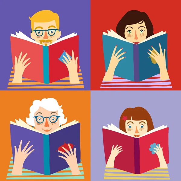 Conjunto de personas dibujos animados leyendo libros — Vector ...