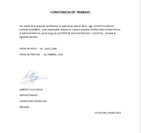 CONSTANCIA DE TRABAJO - Imagui