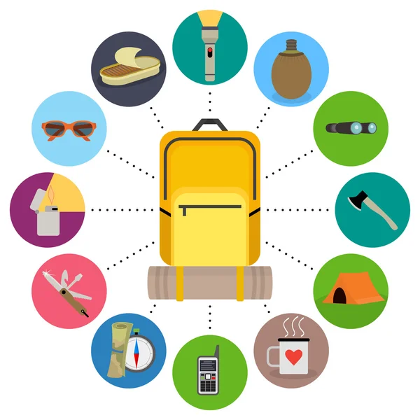 Contenido de la mochila de viajero. Objetos de turismo en el marco ...