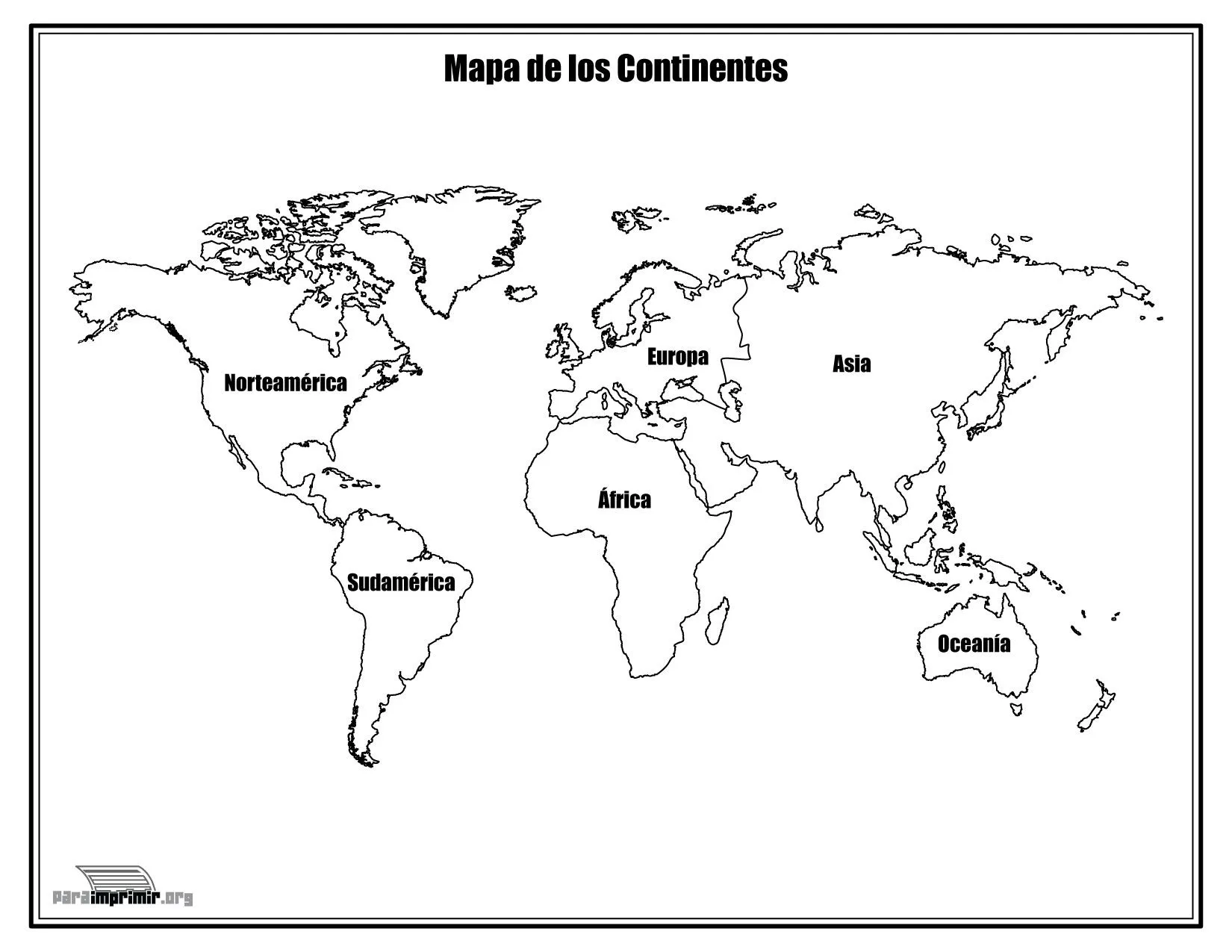 Mapa de los continentes con nombres para colorear y para imprimir