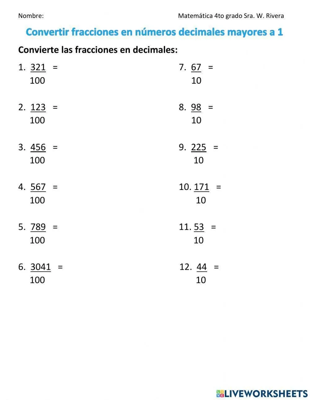 Convertir fracciones en números decimales mayores a 1 worksheet | Live Worksheets Convertir fracciones en números decimales mayores a 1 worksheet | Live Worksheets