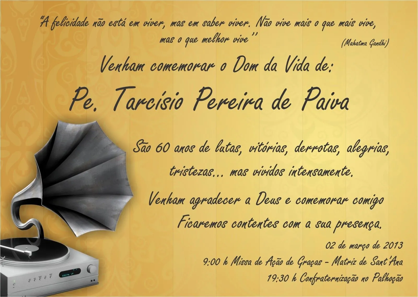 Convite do Aniversário de Pe. Tarcísio Pereira de Paiva - CG Na Mídia Convite do Aniversário de Pe. Tarcísio Pereira de Paiva - CG Na Mídia