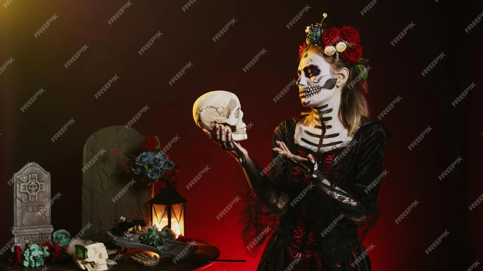 Coqueta diosa de la muerte mirando el cráneo y actuando espeluznante, vestida con un disfraz de cavalera catrina con flores y maquillaje. pareciendo santa santa muerte en el día de la tradición Coqueta diosa de la muerte mirando el cráneo y actuando espeluznante, vestida con un disfraz de cavalera catrina con flores y maquillaje. pareciendo santa santa muerte en el día de la tradición