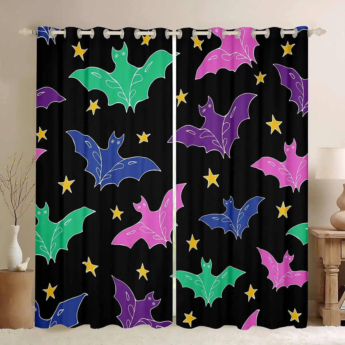 Cortinas de murciélagos de Halloween – Decoración de Halloween con diseño de murciélagos de dibujos animados, cortinas Cortinas de murciélagos de Halloween – Decoración de Halloween con diseño de murciélagos de dibujos animados, cortinas