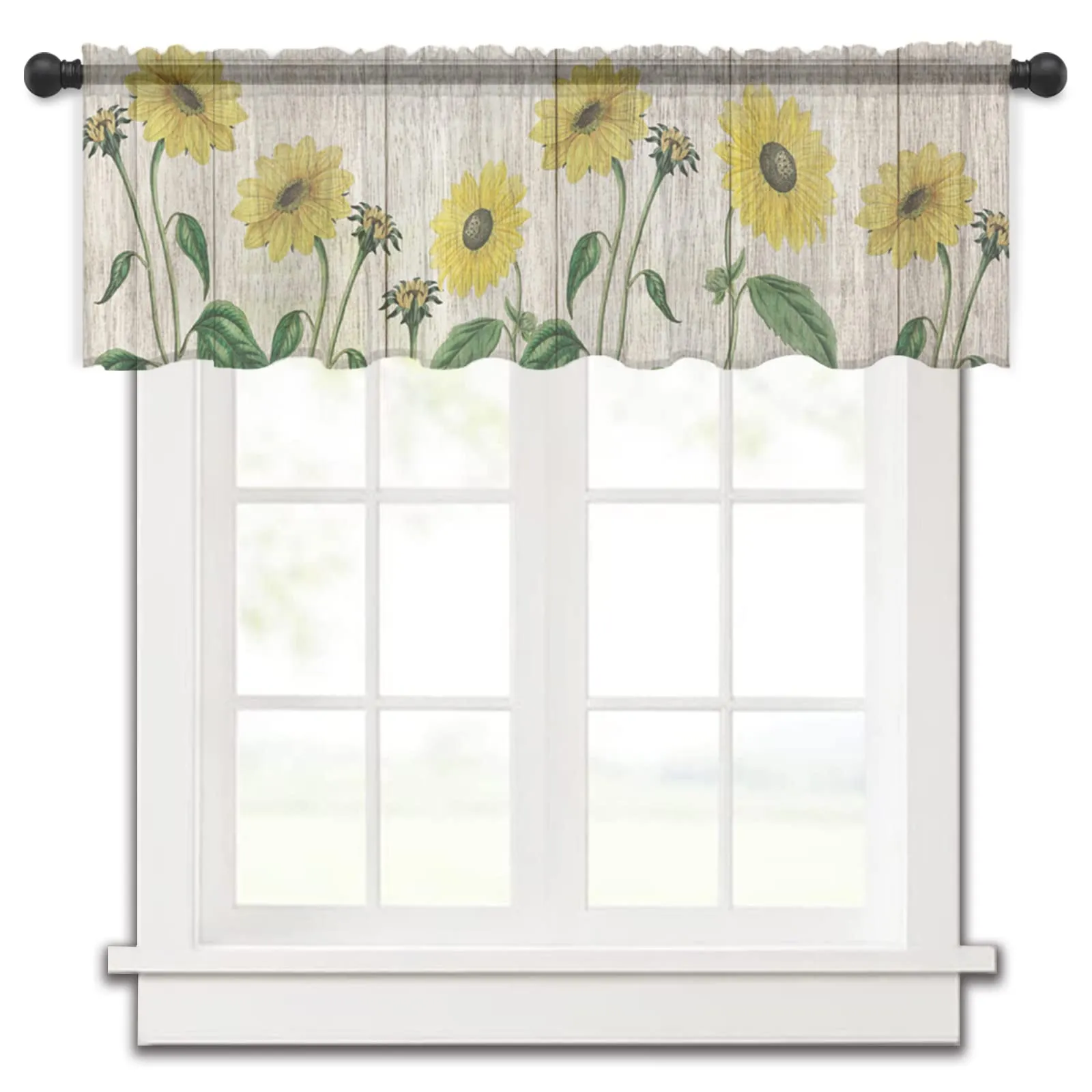 Cortinas traslúcidas para ventanas de cocina, textura de tabla de madera,  cenefas de ventana de girasoles,