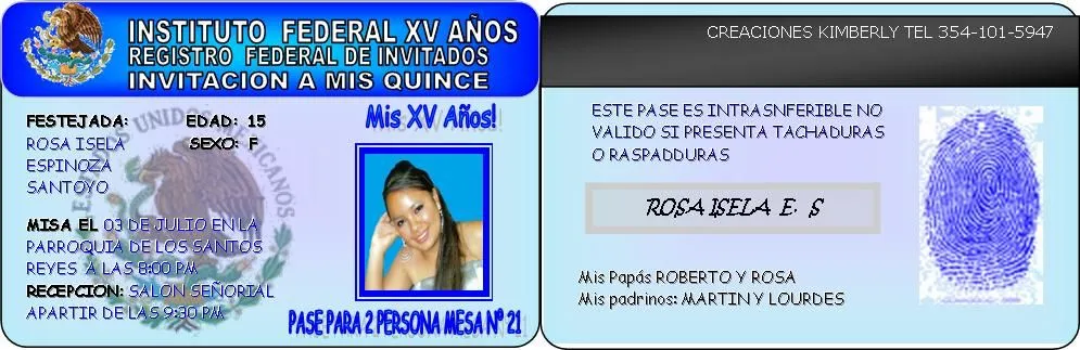 Creaciones Kimberly: invitacion xv años personalizada con pases ...