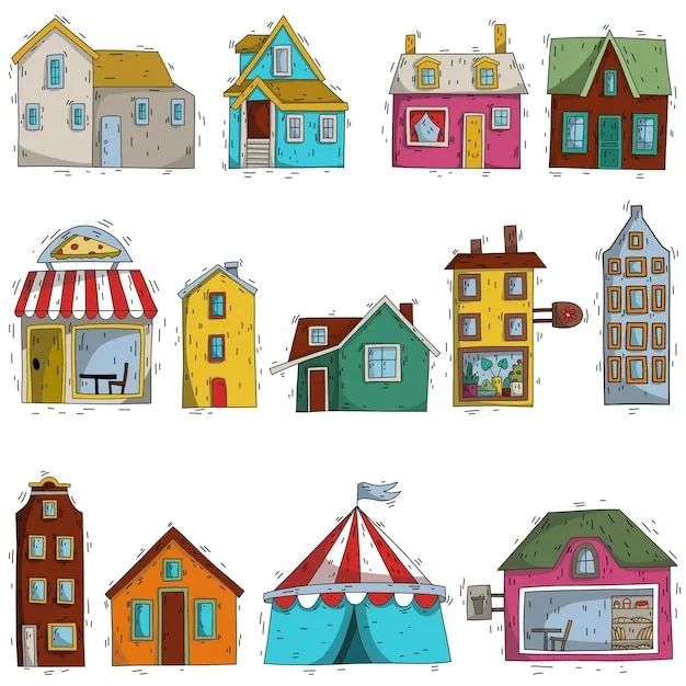 Creador de la ciudad conjunto de garabatos dibujados a mano casas cafeterías tiendas listas para imprimir pegatinas geniales para niños | Vector Premium Creador de la ciudad conjunto de garabatos dibujados a mano casas cafeterías tiendas listas para imprimir pegatinas geniales para niños | Vector Premium