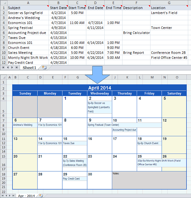 Create a Calendar from Excel data Create a Calendar from Excel data