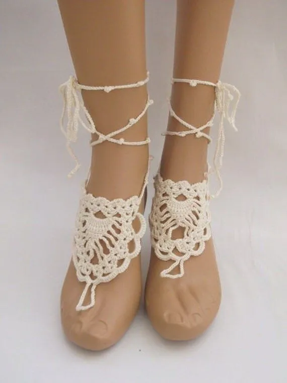 Crema sin pies descalzos sandalias mano Crochet por modishknit Crema sin pies descalzos sandalias mano Crochet por modishknit
