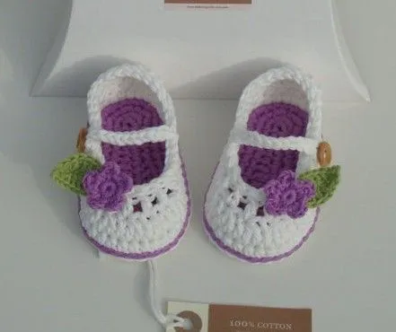 Crochet Baby Booties for Little Girl Ivory And Lilac with Flowers ...