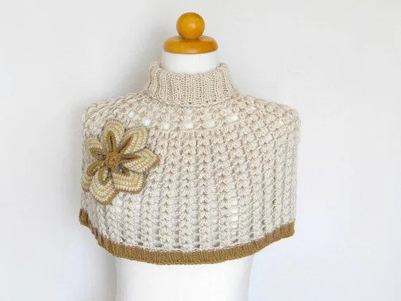 Crochet Poncho Ecru Wool Capelet With Big Flower by KnittName