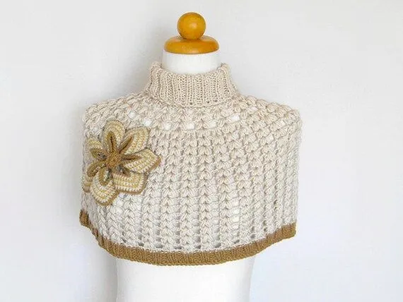Crochet Poncho Ecru Wool Capelet With Big Flower by KnittName Crochet Poncho Ecru Wool Capelet With Big Flower by KnittName