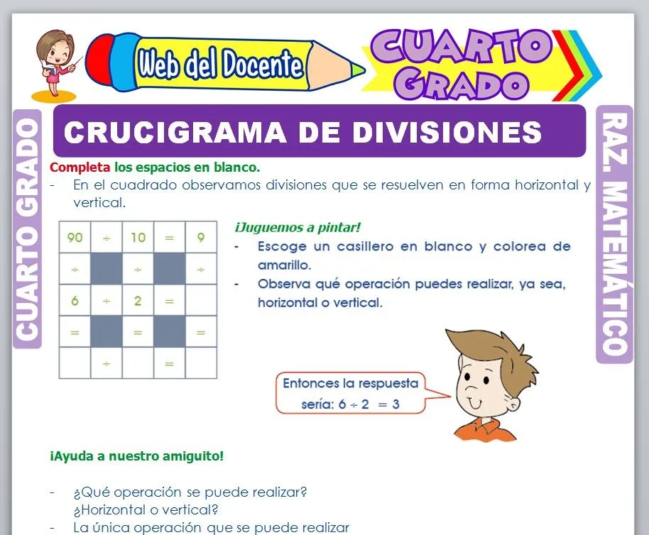 Crucigrama de Divisiones para Cuarto Grado de Primaria Crucigrama de Divisiones para Cuarto Grado de Primaria