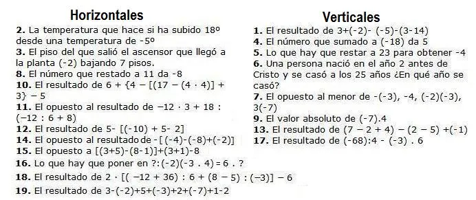 CRUCIGRAMA DE NÚMEROS ENTEROS | Juegos y matemáticas CRUCIGRAMA DE NÚMEROS ENTEROS | Juegos y matemáticas
