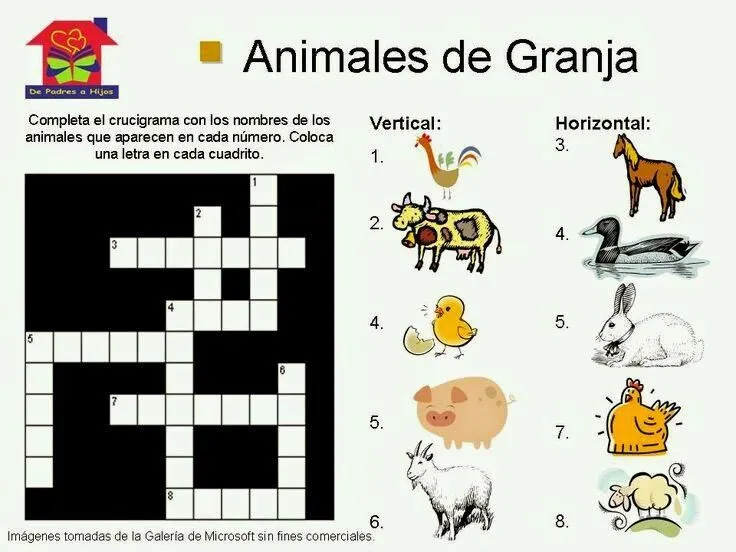 Crucigramas infantiles: animales y frutas - Aprendiendo con Julia