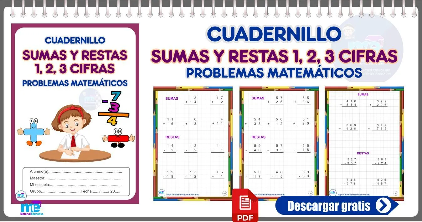 CUADERNILLO DE SUMAS Y RESTAS 1, 2, 3 CIFRAS PROBLEMAS MATEMÁTICOS - Materiales Educativos CUADERNILLO DE SUMAS Y RESTAS 1, 2, 3 CIFRAS PROBLEMAS MATEMÁTICOS - Materiales Educativos