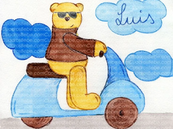Cuadro bebe dibujos infantiles con un oso conduciendo una moto ... Cuadro bebe dibujos infantiles con un oso conduciendo una moto ...