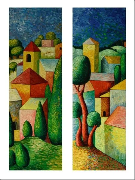 Cuadros abstractos, cuadros modernos, cuadros dipticos, Aldea en color