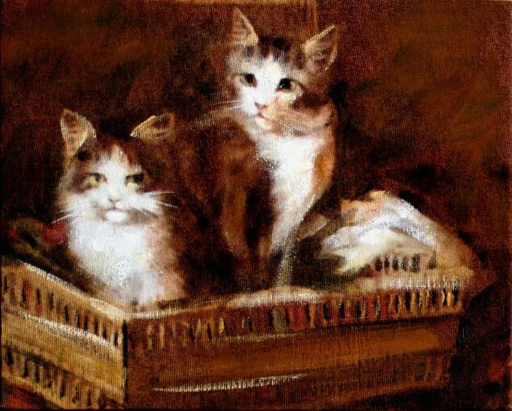 Cuadros modernos, cuadros de animales, Gatitos en su cesta