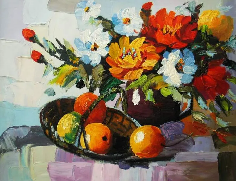 Cuadros modernos, cuadros de bodegones, Cesta de mimbre con frutas