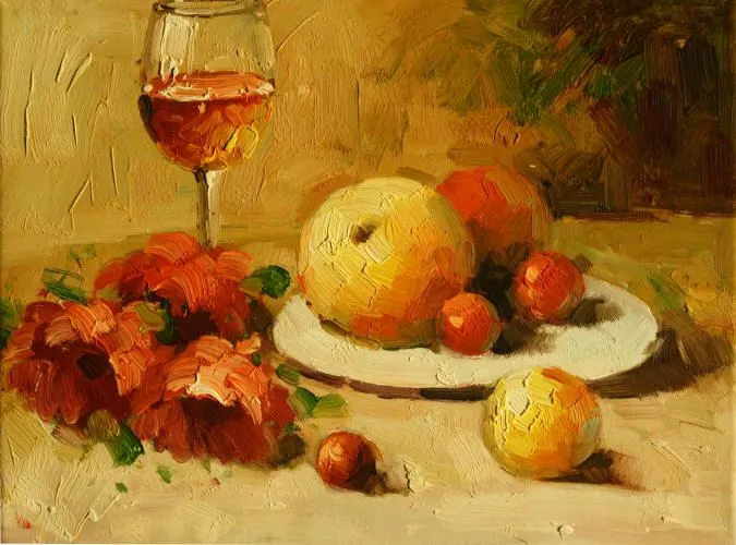 Cuadros modernos, cuadros de bodegones, Vino flores y fruta