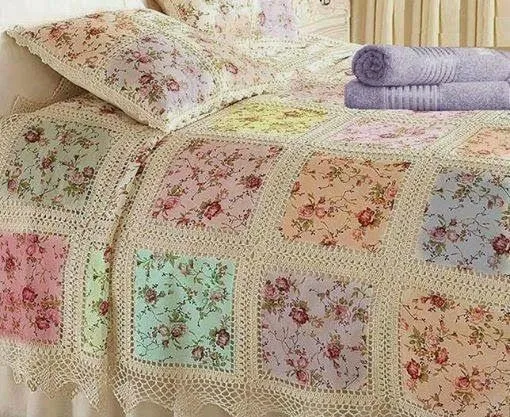 Cubrecama vintage combinando tela y crochet | Crochet y Dos agujas Cubrecama vintage combinando tela y crochet | Crochet y Dos agujas