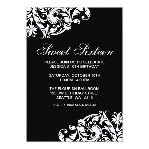 Cumpleaños blanco y negro del dulce 16 del invitación 5" x 7" | Zazzle Cumpleaños blanco y negro del dulce 16 del invitación 5" x 7" | Zazzle
