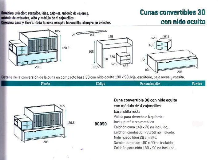 Cuna 70x140 c/cajones y nido, convertible a cama 90x190 c/escritorio