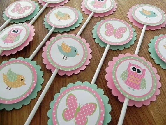 Cupcake Toppers: Rosa y verde bosque buhos de aves y por BabyBinkz Cupcake Toppers: Rosa y verde bosque buhos de aves y por BabyBinkz