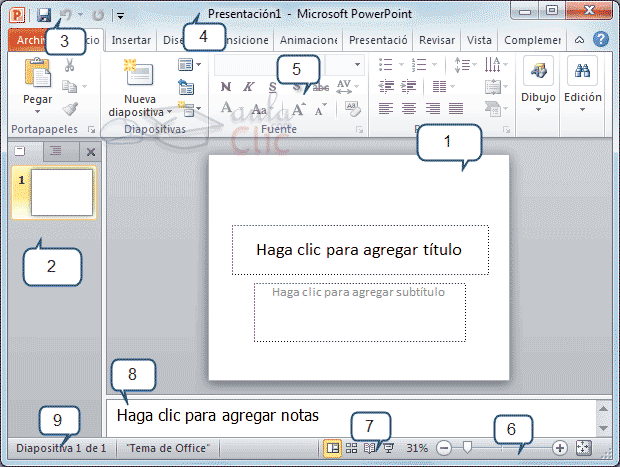 Curso gratis de PowerPoint 2010. aulaClic. 1 - Entorno y primeros ...