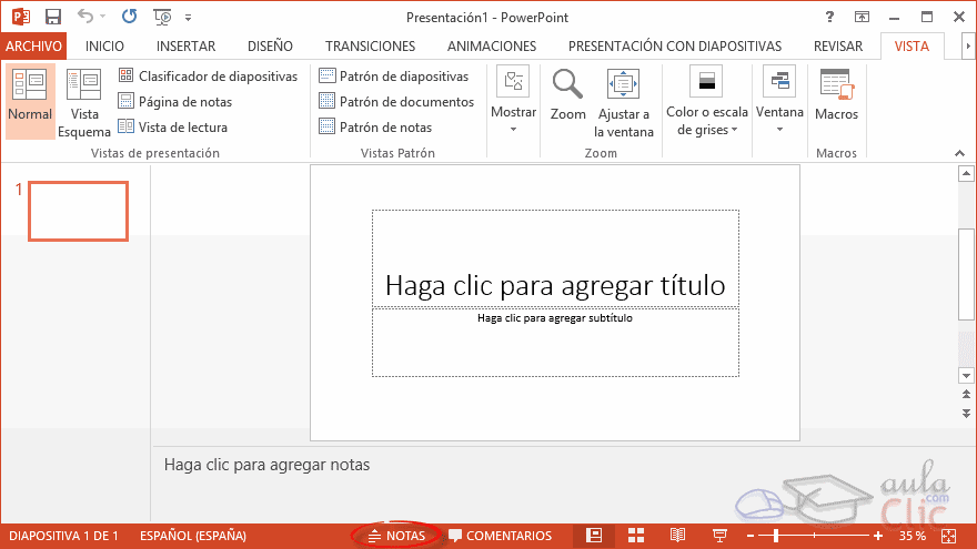 Curso gratis de PowerPoint 2013. aulaClic. 7 - Notas del orador