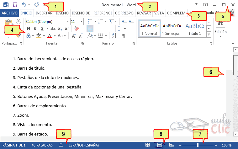 Curso gratis de Word 2013. aulaClic. 2 - El entorno de Word 2013 Curso gratis de Word 2013. aulaClic. 2 - El entorno de Word 2013