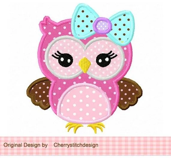 Cute girly owl with bow Applique 4x4 5x7 by CherryStitchDesign Cute girly owl with bow Applique 4x4 5x7 by CherryStitchDesign
