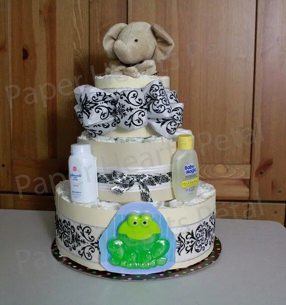 Damasco Beige bebé pañal torta para Baby por PaperHeartsPetal Damasco Beige bebé pañal torta para Baby por PaperHeartsPetal