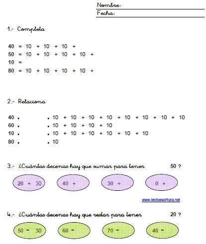 Fichas de matemáticas. La decena.