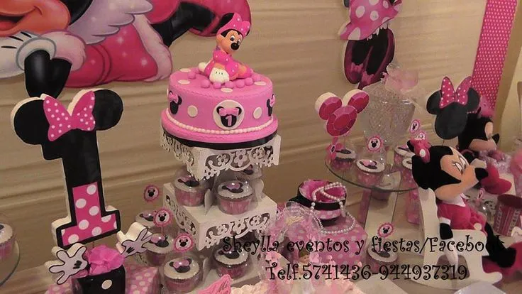 Decoración Minnie coqueta, bebe, Tortas, toldos, bocaditos ,tunel ...