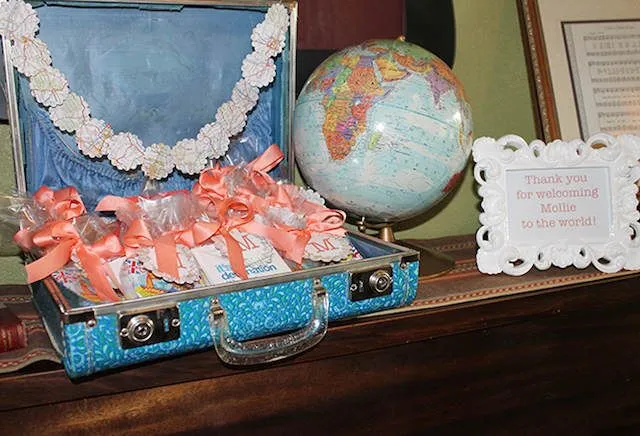 Decoración y recuerdos para bautizo temático de viaje