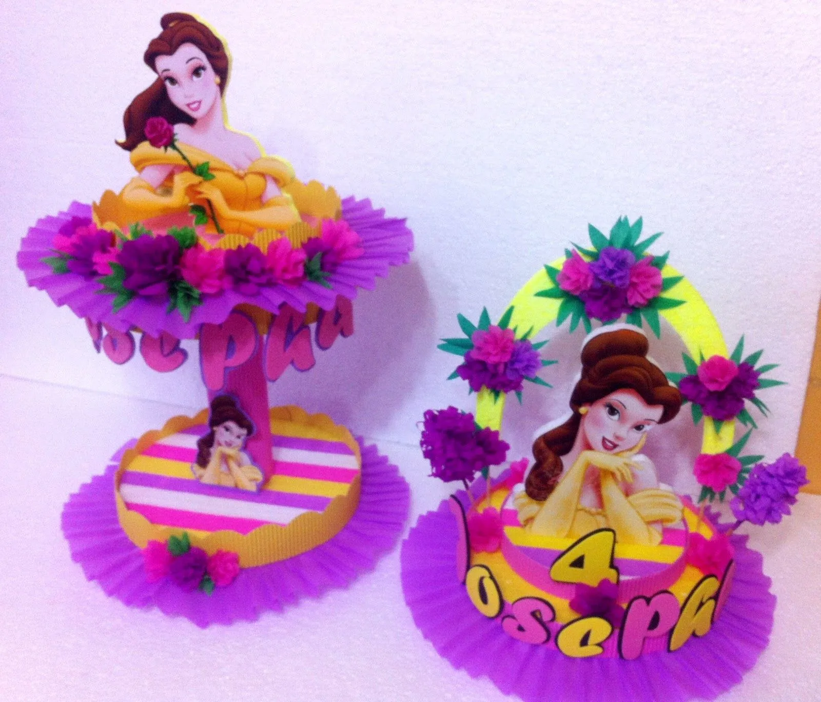 DECORACIONES INFANTILES: CENTRO DE MESA Y DULCEROS PRINCESA BELLA